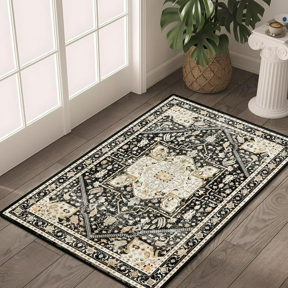 Black Small Rug Washable,Boho Area Rugs for Bathroom Entryway Entry Entrance Bedroom,Front Door Mat Soft Carpet Indoor Vintage Black and Gold Floral 2''x3''