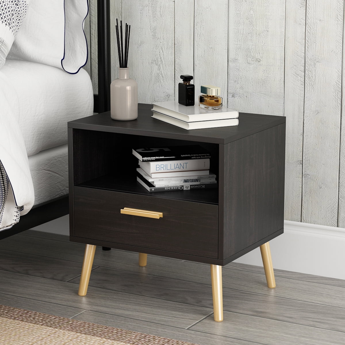 Black Small Side Tables for Bedroom Modern Mid Century Nightstand with ...