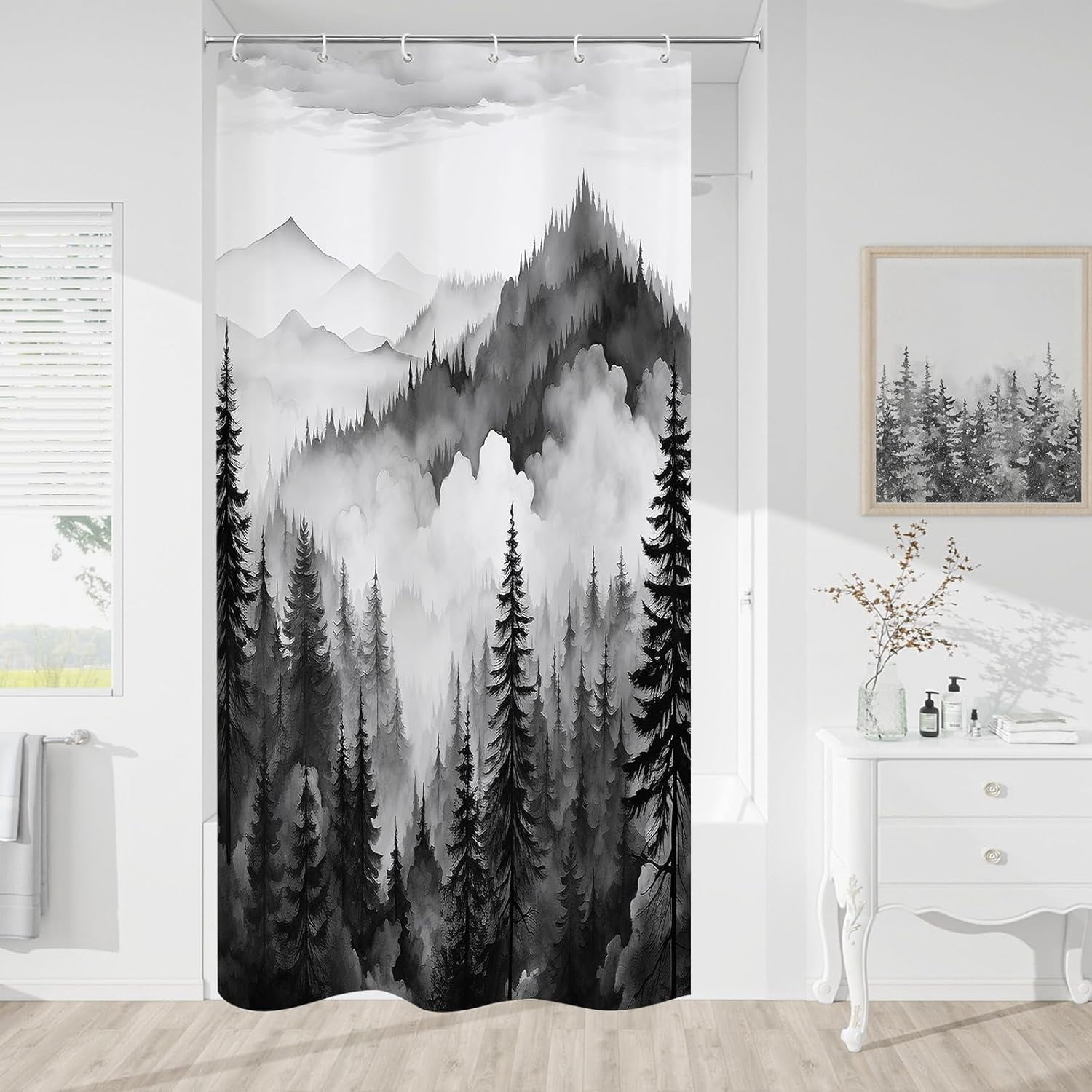 Black Small Stall Misty Pine Forest Shower Curtain 36 x 72, Mountain