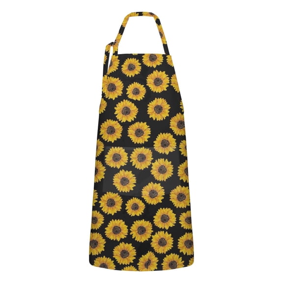 Black Small Sunflower Pattern Apron-Garden Aprons for Women with Pockets-Cotton Linen Waterproof Kitchen Cooking Gardening Aprons Adjustable for Kitchen,Cooking,BBQ and Salon 33x27 Inch