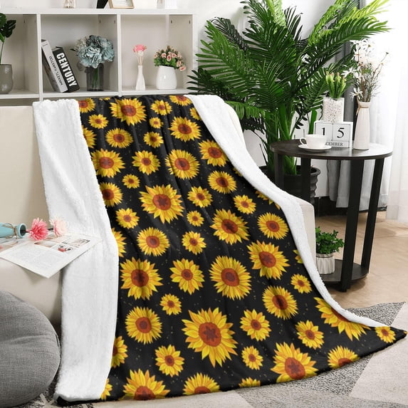 Black Small Sunflower Pattern Blanket,Comfortable Soft Lamb Wool Throw Blanket,All Season,Warm Lightweight Blankets for Sofa Bed Couch Living Room Chair,50"x60"