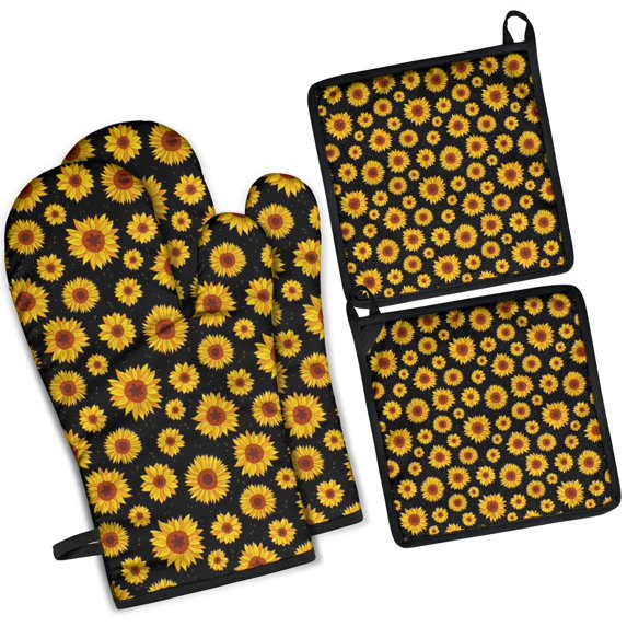 Black Small Sunflower Pattern Kitchen Oven Mitt and Pot Holder Sets 4 Pcs for Baking, Cooking and Grilling, Heat Resistant Up To 392 °F