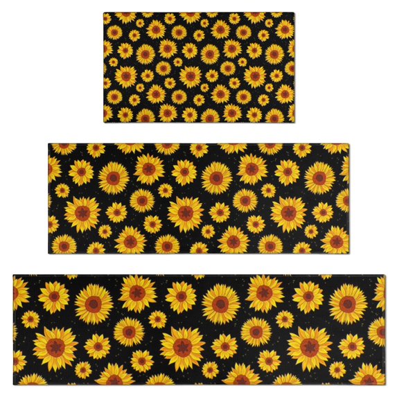 Black Small Sunflower Pattern Kitchen Rugs Sets Of 3,Kitchen Runner Rugs Non Skid Washable,Decorative Kitchen Floor Mats for Kitchen,Sink,Laundry,17"x30"+ 17"x47" + 17"x59"