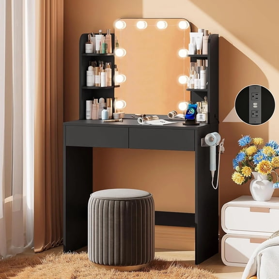 Black Small Vanity Desk with Lighted Mirror and Power Outlet, Pipleo 31.5" Makeup Table with 2 Drawers & 6 Storage Shelves, Women Girls Vanity for Small Space, Easy Assembly