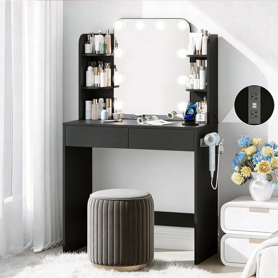 Black Small Vanity Desk with Lighted Mirror and Power Outlet, Pipleo 31.5" Makeup Table with 2 Drawers & 6 Storage Shelves, Women Girls Vanity for Small Space, Easy Assembly