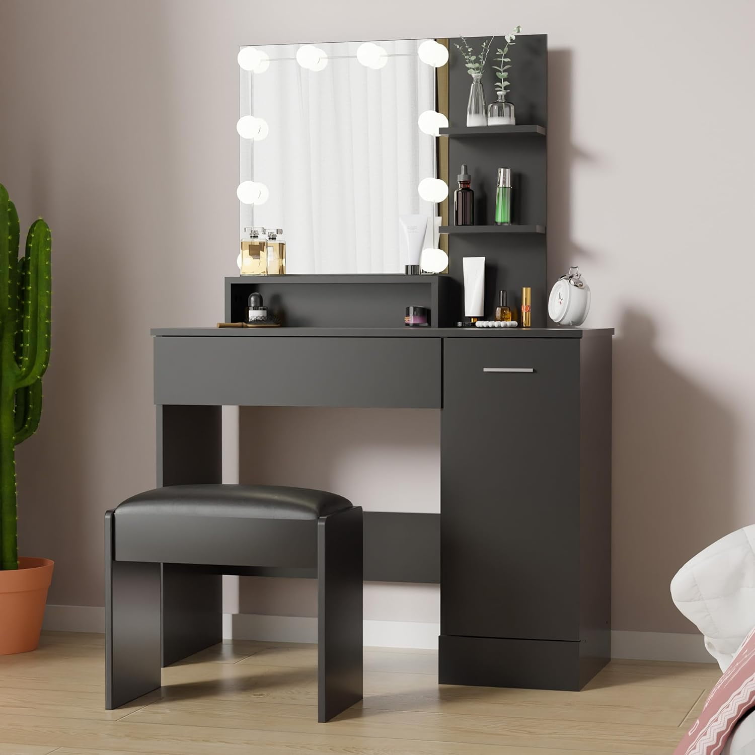 Black Small Vanity Set, Corner Makeup Vanity Desk with Lighted Mirror ...