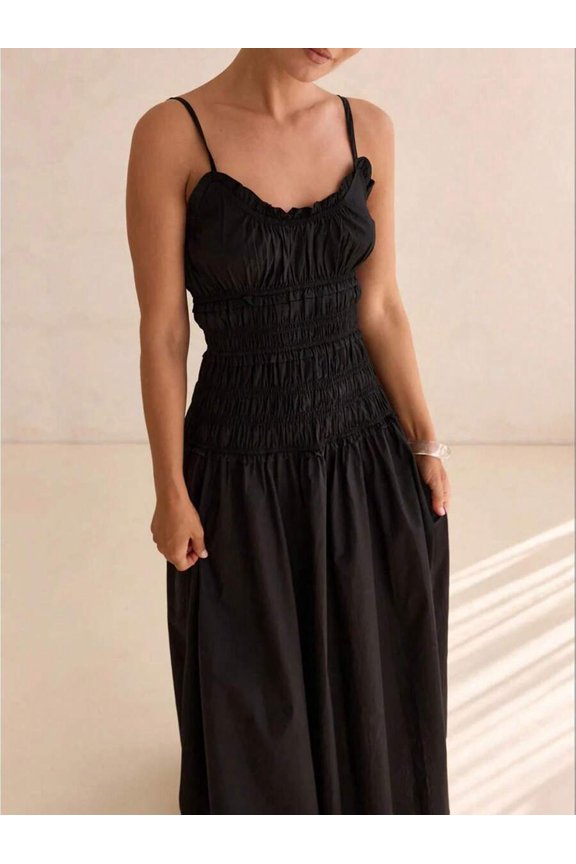 Black Smocked Ruffle Sleeveless A-Line Maxi Slip Dress