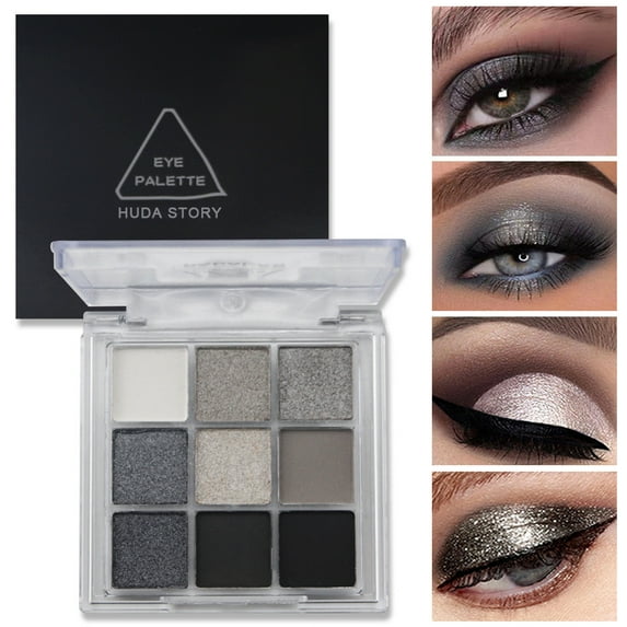 Black Smokey Eyeshadow Palette, Eye Black Makeup, 9 Colors Black Silver Gray White Eyeshadow Makeup Palette, Waterproof Cool Toned Matte Glitter Eyeshadow Palette