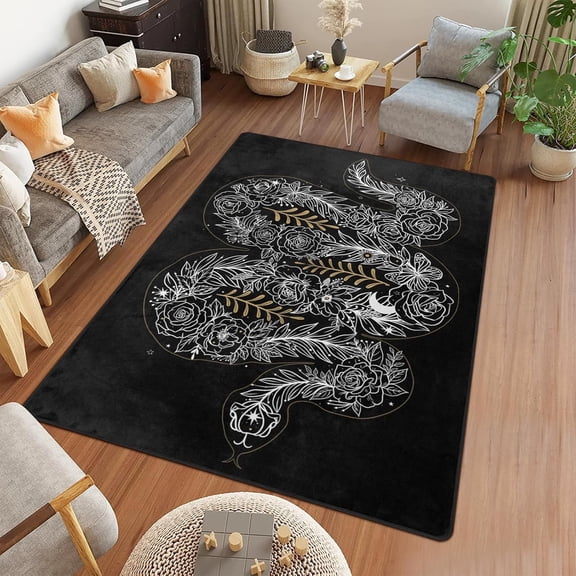 Black Snake Area Rugs, Cool Serpent Rug For Man Cave, Rose Moon Carpet Non-Slip Floor Mat For Bedroom Living Room College Dorm Decor 4x6ft