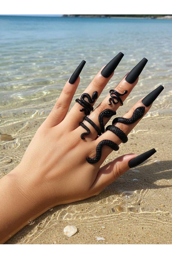 Black Snake Carved Alloy Ring Set, 4 Pieces Punk Style Fashion Rings For Party Or Daily Wear