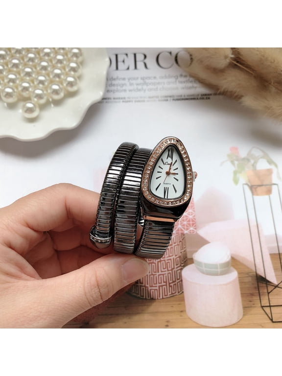 Black Snake Cuff Watch Sleek Band Bold Vibe Level Up Your Office Style Crystal Trim Quartz Fashion Wrist Watch