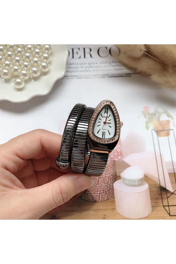 Black Snake Cuff Watch Sleek Band Bold Vibe Level Up Your Office Style Crystal Trim Quartz Fashion Wrist Watch