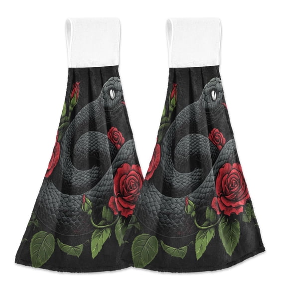 Black Snake with Red Roses Hanging Towels with Loop Hand Towels Nylon Fastener Tape Design Dish Cloths 2 Pieces