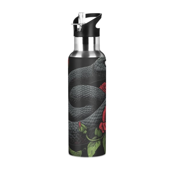 Black Snake with Red Roses Sports Bottle with Straw Stainless Steel Water Jug Portable Thermal Cup Leak-proof 1000ML