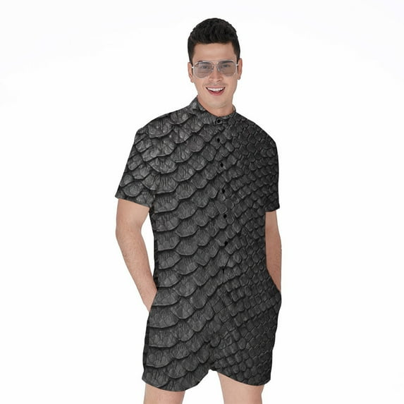 Black Snakeskin Short Sleeve Men'S Rompers, Snakes Python Casual Summer Jumpsuits Outfit