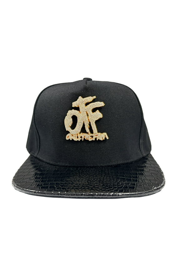 Black Snapback Hat with Rhinestone OTF Crocodile Embossed Brim Hip Hop Streetwear Cap