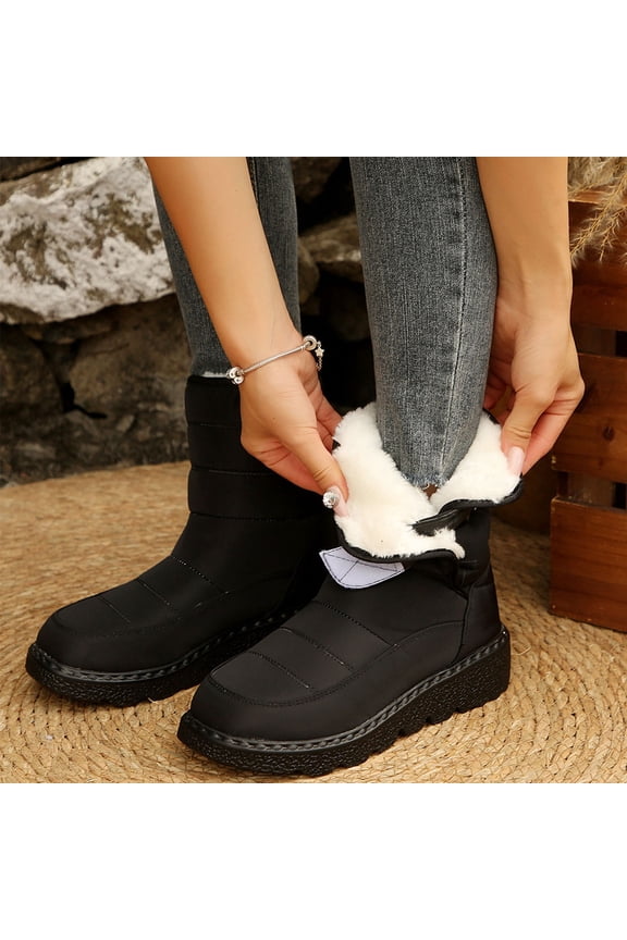 Black Snow Boots For Women Thickened Fleece Mid Calf Adjustable Straps Waterproof Outer Thick Sole Warm Winter Casual Light Soft Daily Shoes Size 43