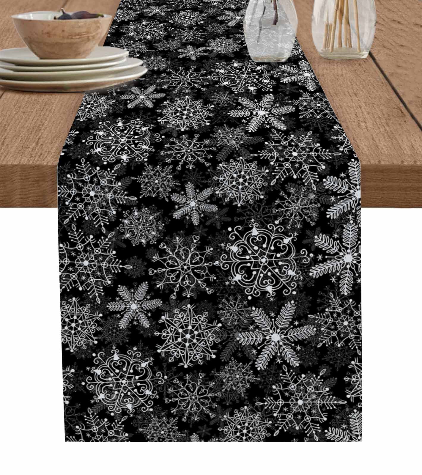 Black Snowflake Christmas Burlap-Cotton Table Runner 36 Inches Long,Xmas Snowflake Vintage Farmhouse Table Runners,Outdoor Dining Tablecloths Decor for Baby Shower Party Wedding 13x36