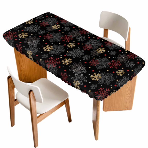 Black Snowflake Christmas Table Cloths for 6 Foot Rectangle Tables, Red Yellow White Snowflake Patio Waterproof Elastic Fitted Tablecloths, Washable Rectangular Table Cover for Camping