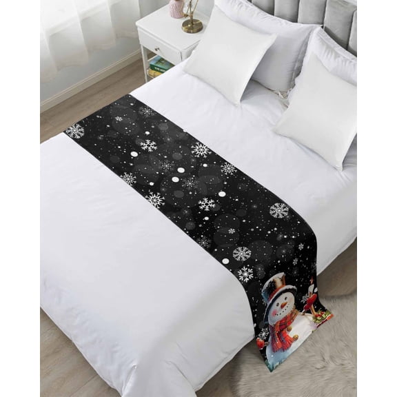 Black Snowman Christmas Bed Runner for Twin Size Bed, Berry Snowflake Xmas Bedspread Protector Slipcover Bed Scarf for Foot Bed Runners & Scarves for Bedroom Hotel Wedding Room 71x20 Inches