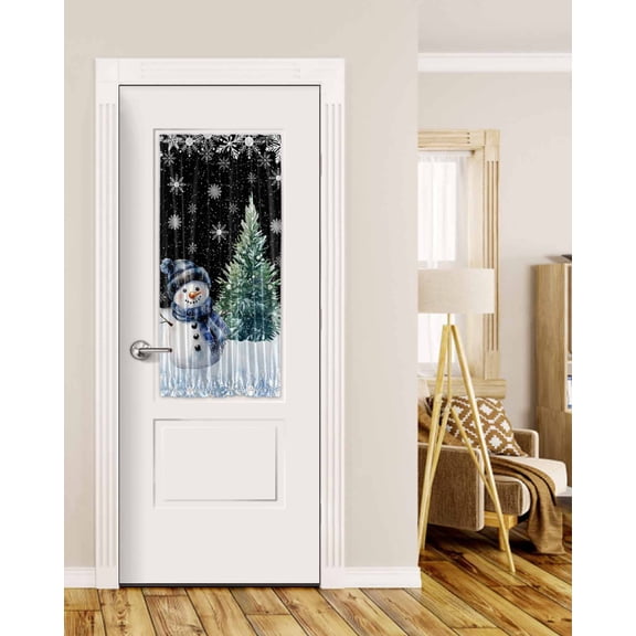Black Snowman Christmas Blackout Curtains, French Door Curtains for Door Window, Snowflake Green Xmas Tree Privacy Drapery for Patio/Sidelight Doors, 1 Panel with Tieback, 25 x 40 Inches