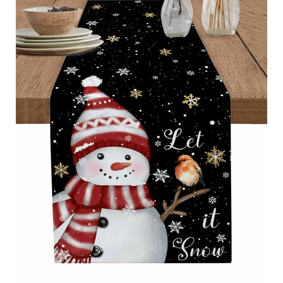 Black Snowman Christmas Burlap-Cotton Table Runner 90 Inches Long,Xmas Snowflake Birds Farmhouse Table Runners,Outdoor Dining Tablecloths Decor for Baby Shower Party Wedding 13x90