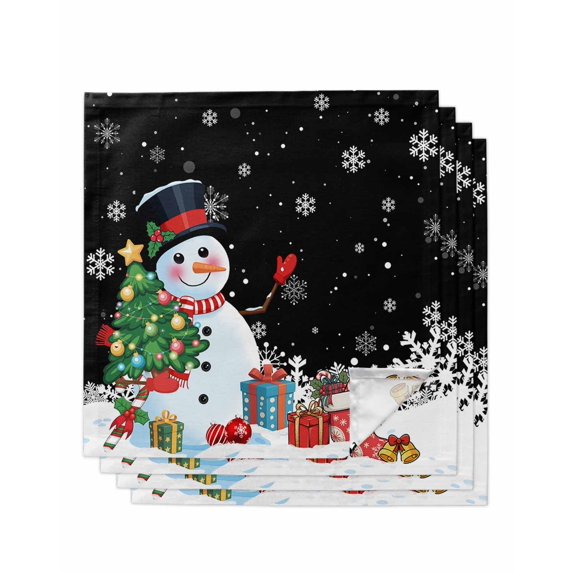 Black Snowman Christmas Cloth Napkins Set of 4 Reusable Dinner Napkins, Gifts Xmas Tree Winter Snowflake Cocktail Napkin Washable Table Napkins for Wedding/Holiday Party/Baby Shower 20"x20"