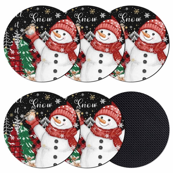 Black Snowman Christmas Coasters Set of 6, Absorbent Coasters for Drinks, Snowflake Xmas Tree Winter Elk Coaster for Desk Coffee Table Protection, Home Decor House Warming Gifts 4"