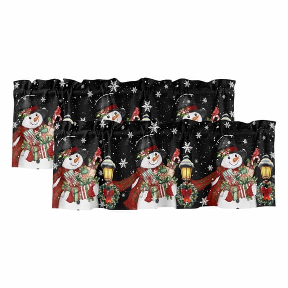 Black Snowman Christmas Curtain Valances for Windows, Kitchen Valance Window Treatments Panel 2 Pack, Xmas Snowflake Botanical Rod Pocket Short Curtains for Bathroom Bedroom 42 x 18 Inch