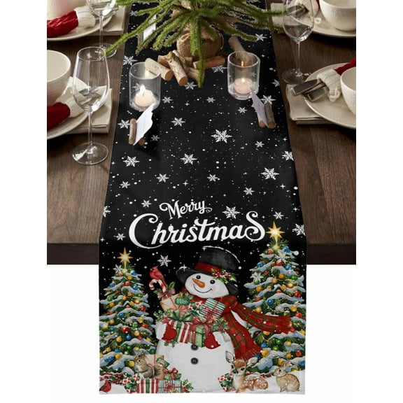 Black Snowman Christmas Dresser Scarf Farmhouse, Dining Table Decorations for Wedding/Parties, Gifts Xmas Tree Snowflake Winter Table Runner 36 Inches Long for Kitchen Dining, 13 x 36 In