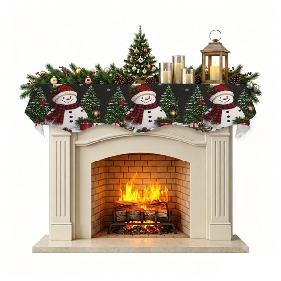 Black Snowman Christmas Mantel Scarf Fireplace Decorations for Living Room, Xmas Snowflake Pine Cone Winter Fireplace Mantel Scarf Cover Runner for Halloween/Thanksgiving/Christmas Decor 60"x17"
