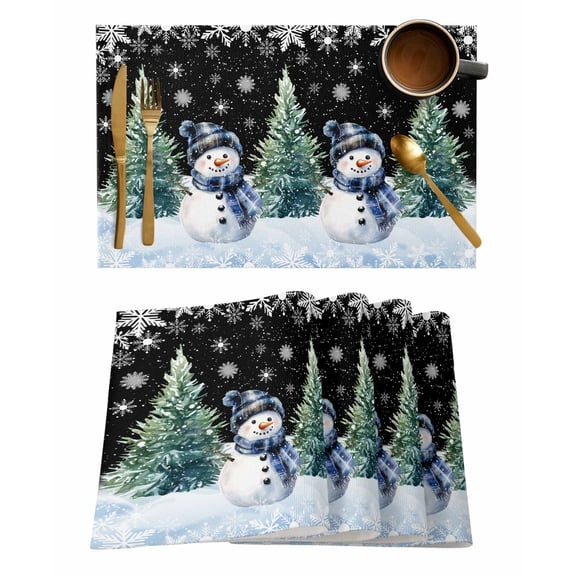 Black Snowman Christmas Placemats Set of 4, Snowflake Green Xmas Tree Placemats for Dining Table, Place Mats for Kitchen Tabletop, Waterproof Wipeable Dining Table Mats Set