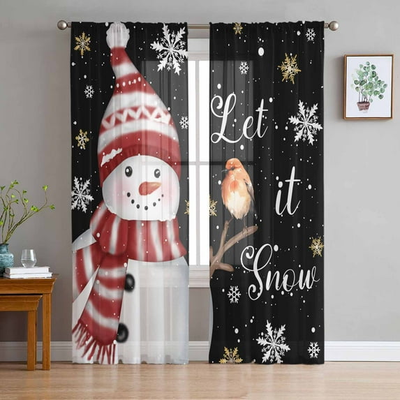 Black Snowman Christmas Sheer Curtains 96 Inches Long 2 Panels Set, Window Sheer Curtains for Living Room/Bedroom, Xmas Snowflake Birds Light Filtering Rod Pocket Curtain 52'' x 96'' x 2