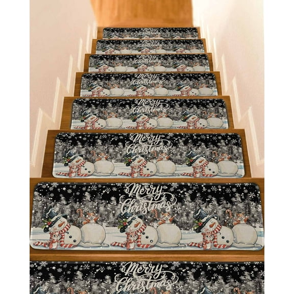 Black Snowman Christmas Stair Treads for Wooden Steps Indoor Runner Rug Carpet, Xmas Tree Rustic Snowflake 4 Pieces Peel and Stick Staircase Step Treads Covers Washable Throw Door Mats, 30"x8"