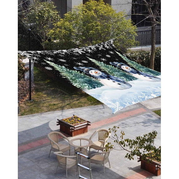 Black Snowman Christmas Sun Shade Sail 6.5'x10' Rectangle Outdoor Shade Canopy, Snowflake Green Xmas Tree Porch Shades Outdoor Sun Blocking Screen, Sunshade Cloth Covers for Patio/Deck/Garden