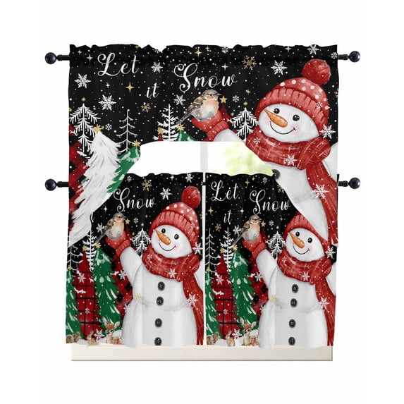 Black Snowman Christmas Swag Curtains for Living Room/Bedroom Windows, Snowflake Xmas Tree Winter Elk Kitchen Curtains and Valances Set 36 Inch Length, Light Filtering Swags Valance Curtain Panels