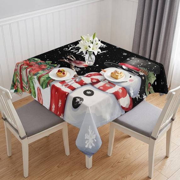 Black Snowman Christmas Table Cloth Waterproof Tablecloths, Winter Snowflake Xmas Gifts Tablecloth Dining Table Cover for Kitchen Party Tabletop Outdoor, Square Tablecloth 60x60 Inch