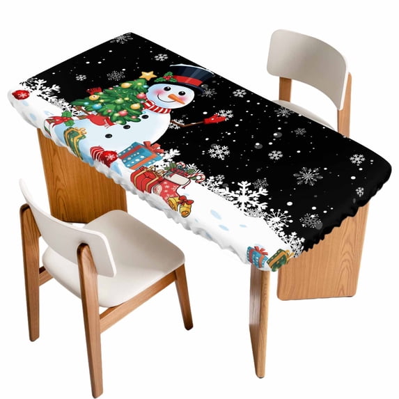 Black Snowman Christmas Table Cloths for 6 Foot Rectangle Tables, Gifts Xmas Tree Winter Snowflake Patio Waterproof Elastic Fitted Tablecloths, Washable Rectangular Table Cover for Camping