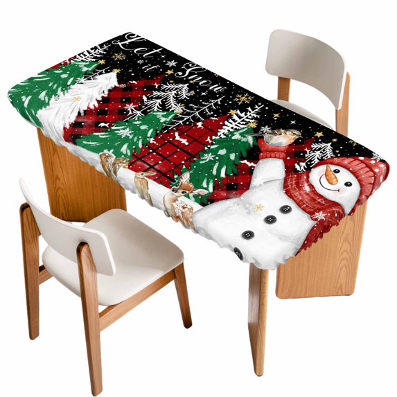 Black Snowman Christmas Table Cloths for 6 Foot Rectangle Tables, Snowflake Xmas Tree Winter Elk Patio Waterproof Elastic Fitted Tablecloths, Washable Rectangular Table Cover for Camping