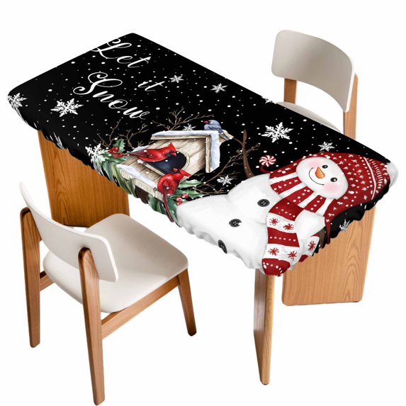 Black Snowman Christmas Table Cloths for 6 Foot Rectangle Tables, Xmas Snowflake Birds Berry Winter Patio Waterproof Elastic Fitted Tablecloths, Washable Rectangular Table Cover for Camping