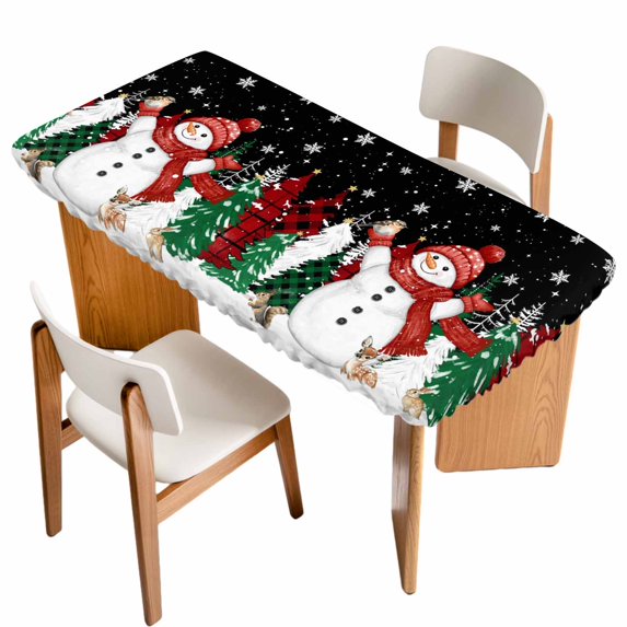 Black Snowman Christmas Table Cloths for 6 Foot Rectangle Tables, Xmas Tree Snowflake Elk Winter Patio Waterproof Elastic Fitted Tablecloths, Washable Rectangular Table Cover for Camping