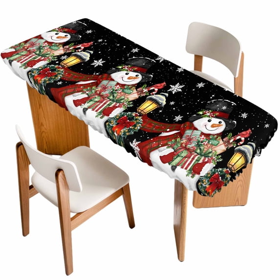 Black Snowman Christmas Table Cloths for 8 Foot Rectangle Tables, Xmas Snowflake Botanical Patio Waterproof Elastic Fitted Tablecloths, Washable Rectangular Table Cover for Camping