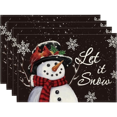 Black Snowman Let It Snow Winter Placemats Set of 4, 12x18 Inch Christmas Table Mats for Party Kitchen Dining Decoration