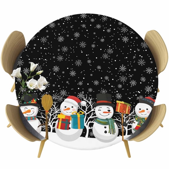 Black Snowman Round Tablecloth, Fitted Table Cover with Elastic for 45"-54" Round Tables, Christmas Winter Snowflake Xmas Tree Table Cloth Outdoor Indoor Dinning Party Waterproof Tablecloths