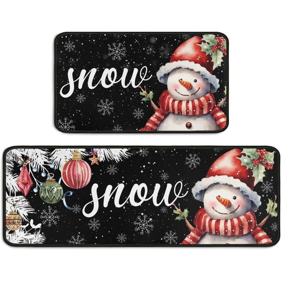Black Snowman Snowflake Christmas Kitchen Rugs and Mats Set of 2, Winter Home Decor Low-Profile Floor Mat Decorations for Home Kitchen 17"x47"+17"x30"