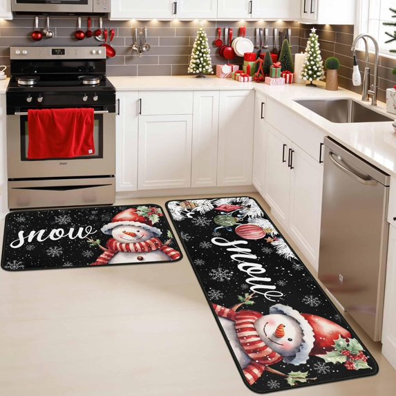 Black Snowman Snowflake Christmas Kitchen Rugs and Mats Set of 2, Winter Home Decor Low-Profile Floor Mat Decorations for Home Kitchen 17"x47"+17"x30"