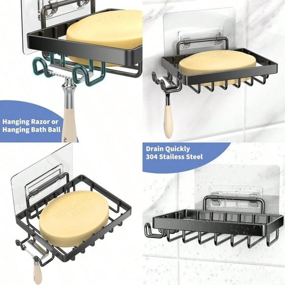 Black Soap Dish Soap Bar Holder for Shower No Drilling Bathroom Accories Wall Mounted Soap Holder with Hooks Shower Rack Tray Bar for Suitable for Bathroom Kitchen Sink