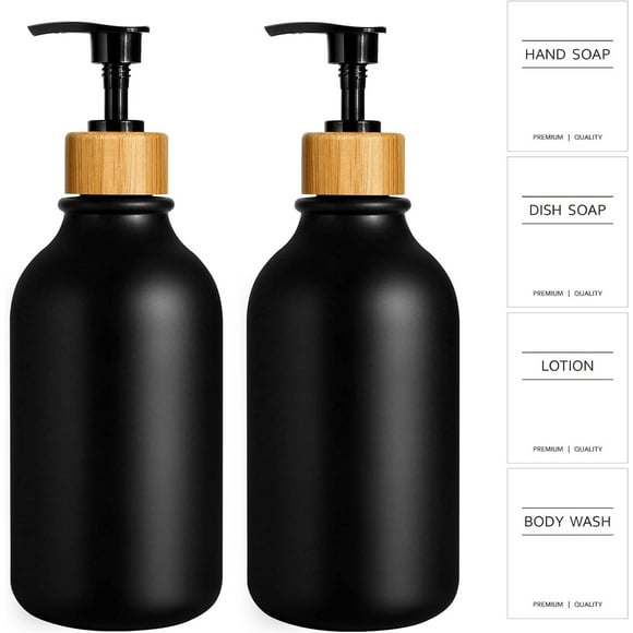 qolami Black Soap Dispenser, 2 Pack Hand Soap Dispensers with Bamboo Pump, Plastic Hand and Dish Dispenser for Kitchen, Refillable Liquid Soap and Lotion Dispensers Bottle
