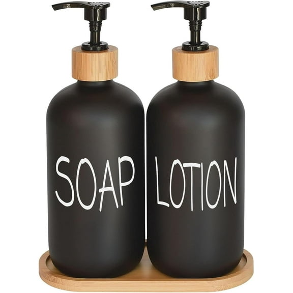 Black Soap Dispenser Bathroom Set, Set with Glass Dispenser, Bamboo Pumps & Tray. Hand and Lotion Suitable for Farmhouse Decor
