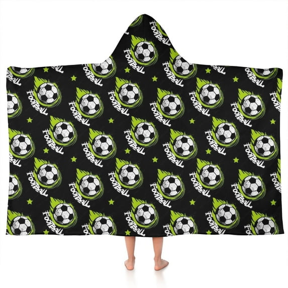 Black Soccer Balls with Green Elements Pattern Hooded Bath Towel,50"x30" for Ages 3 To 12 Kids, Quick Dry Lightweight Soft Microfiber Hood Beach Towel Cover Up for Kids